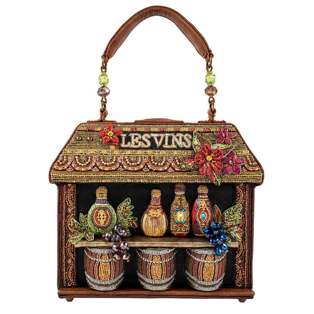 Mary Frances Open Bar Wine Barrels Leather Bag Beaded Handbag Gold Brown NEW